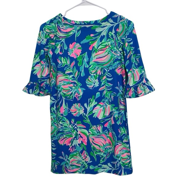 Lilly Pulitzer Floral Tropical A Line Dress Girls 8-10 Ruffle Sleeve Blue Beachy - Picture 2 of 10
